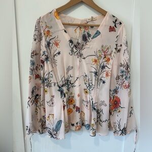 Rebecca Taylor Cream and Pink Floral Blouse with Notched Collar